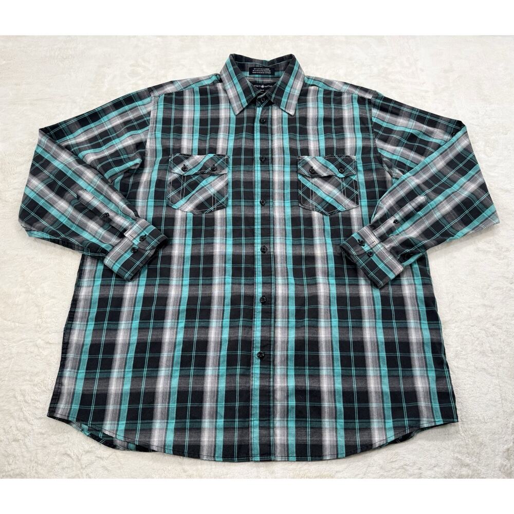 Beverly Hills Polo Club Men's Long Sleeve Button Down Shirt Blue Plaid Size 2XLB